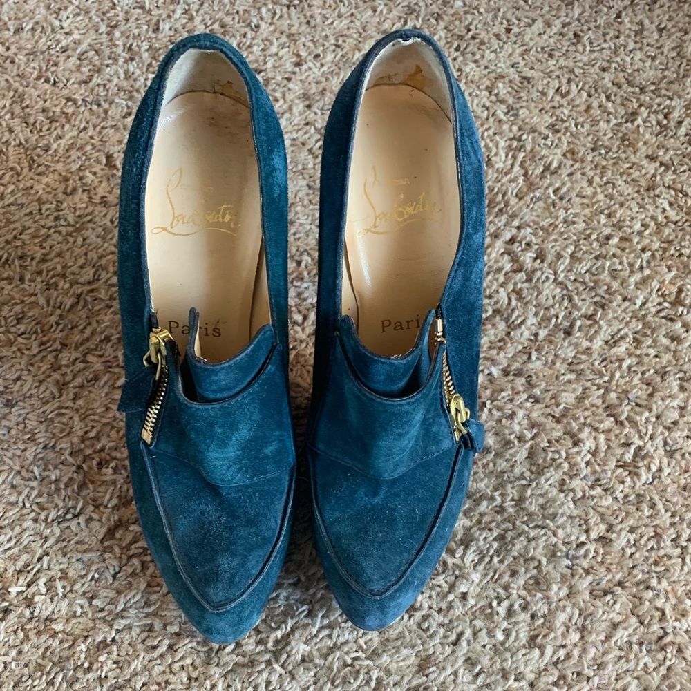 Christian Louboutin Blue Green Suede Booties 7.5